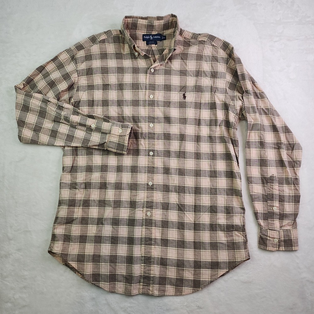 Polo Ralph Lauren Blake Mens Medium Plaid Button Down Shirt Beige Pink Gray
